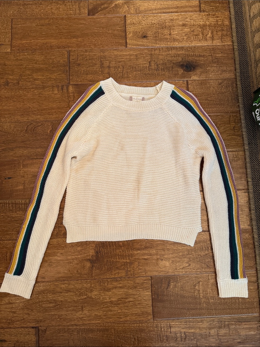 Cream Knit Sweater with Rainbow Stripe Sleeves - Women
